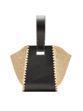 NWT J. Crew Top Handle Bag‎ Hand Knotted Natural Straw Raffia  Black Leather